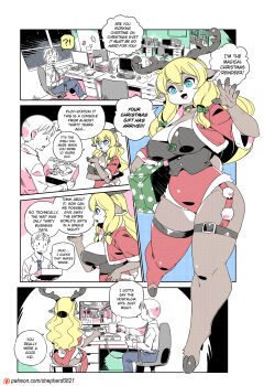 !? 1boy 1girl alternate_language animal_ears antlers artist_name bell black_choker blonde_hair blue_eyes box breasts business_casual chair choker christmas coffee coffee_mug commentary computer cup deer_antlers deer_ears deer_girl deer_tail english_commentary english_text facial_hair fur-trimmed_jacket fur-trimmed_leotard fur_trim furry furry_female game_console garter_straps gift gift_box highres holding holding_gift hooves horns jacket large_breasts long_hair modern_mogal monitor mug neck_bell necktie office office_chair patreon_logo patreon_username reindeer reindeer_antlers reindeer_girl resident_evil resident_evil_1 salaryman shepherd0821 single_thighhigh sitting spoken_interrobang stubble swivel_chair tail thigh_strap thighhighs watermark web_address