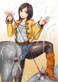 1girl 2boys bad_id bad_pixiv_id bdsm black_eyes black_hair black_pantyhose bondage boots bound bukkake casual clothed_female_nude_male cum ejaculation femdom gokaiyellow goukaiger goukaiyellow grin high_heels kaizoku_sentai_gokaiger leg_up luka_millfy msize multiple_boys nude pantyhose penis premature_ejaculation rium_(msize) shoes simple_background smile string super_sentai tall_female teeth thick_thighs thighs tied_penis tucked_penis