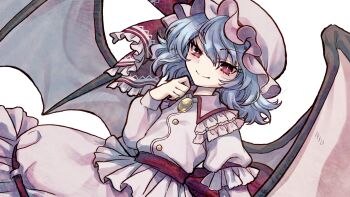 1girl bat_wings blue_hair closed_mouth collared_shirt frilled_shirt_collar frills game_cg hat hat_ribbon highres long_sleeves looking_at_viewer marisa_of_liartop_mountain mob_cap non-web_source official_art pink_hat pink_shirt pink_skirt red_eyes remilia_scarlet ribbon ribbon-trimmed_skirt ribbon_trim second-party_source shirt skirt skirt_set smile socha solo touhou transparent_background wings