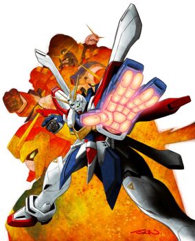 bakunetsu_god_finger bolt_gundam clenched_hand commentary_request dragon_gundam foot_out_of_frame foreshortening g_gundam glowing glowing_hand god_gundam green_eyes gundam gundam_maxter gundam_rose legs_apart mecha mecha_focus nakamura_jun&#039;ichi no_humans open_hand outstretched_arm robot science_fiction signature standing super_robot v-fin white_background