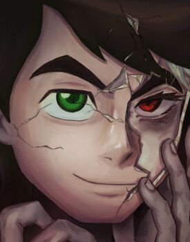 1boy absurdres albedo_(ben_10) amonalyssr ben_10 ben_10:_alien_force ben_tennyson brown_hair bruise bruised_eye close-up closed_mouth commentary cracked_kawaii_mask cracked_mask english_commentary green_eyes highres injury looking_at_viewer male_focus portrait red_eyes smile solo thick_eyebrows white_hair