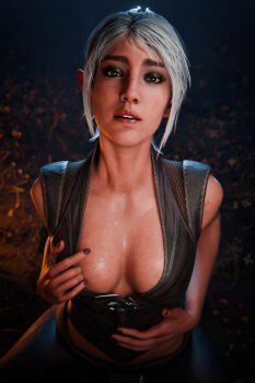 1girl 3d aleksor baldur's_gate baldur's_gate_3 black_corset black_eyeshadow black_nails blender_(medium) braid braided_ponytail breasts cleavage_cutout clothes_lift clothing_cutout corset dungeons_&amp;_dragons dungeons_&amp;_dragons elf eyeshadow green_eyes highres looking_at_viewer makeup parted_lips pointy_ears ponytail scar scar_on_face scared shadowheart_(baldur's_gate) sidelocks sleeveless teeth upper_teeth_only wet white_hair