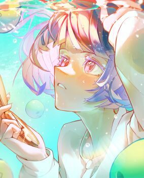 1girl absurdres arm_up blue_eyes blue_hair bubble colored_eyelashes commentary_request fingernails highres holding_compass korean_commentary lifi6184 light_blush long_sleeves looking_up original parted_lips portrait shirt solo underwater white_shirt