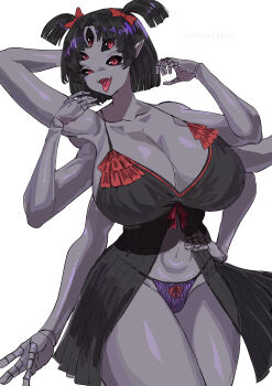 1girl absurdres breasts cleavage colored_skin extra_arms extra_eyes highres mature_female monster_girl muffet nightgown purple_skin thick_thighs thighs undertale underwear utdr_(toby_fox)