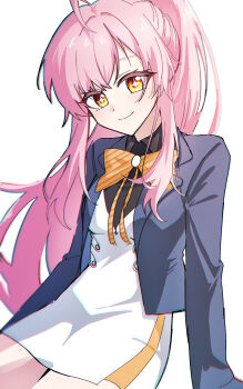 1girl aemeath_(wuthering_waves) alternate_costume black_jacket breasts chromatic_aberration closed_mouth commentary_request dress highres jacket korean_commentary long_hair looking_at_viewer medium_breasts orange_eyes ot11_to pink_hair ponytail simple_background sitting smile solo star-shaped_pupils star_(symbol) symbol-shaped_pupils white_background white_dress wuthering_waves