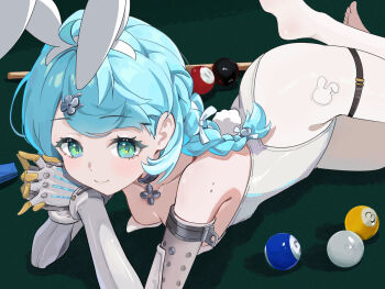 Rule 34 | 1girl, alternate costume, animal ear hairband, animal ears, ball, billiard ball, blue hair, blush, braid, braided ponytail, breasts, cleavage, closed mouth, collarbone, commentary request, cue stick, elbow gloves, fake animal ears, feet, flower hairpin, gloves, green eyes, hairband, head rest, highres, leotard, mole, mole on shoulder, orblack, pantyhose, playboy bunny, pool table, rabbit ear hairband, rabbit ears, seed (zenless zone zero), small breasts, smile, soles, solo, strapless, strapless leotard, table, toes, white gloves, white leotard, white pantyhose, zenless zone zero