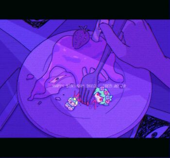 1other basil_(headspace)_(omori) basil_(omori) candle character_name dated english_text food fork fruit happy_birthday holding holding_fork letterboxed omori photo_(object) plate scanlines something_(omori) strawberry yo_(wetpotatosunsun)