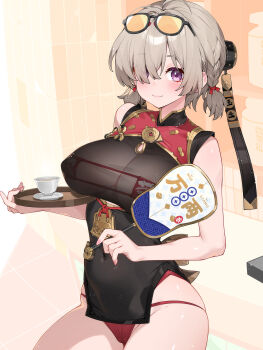 1girl bikini bikini_under_clothes breasts covered_navel cup eyewear_on_head grey_hair hair_over_one_eye highres holding large_breasts looking_at_viewer purple_eyes red_bikini short_hair short_twintails smile solo sunglasses sweety_(zenless_zone_zero) swimsuit twintails waterring zenless_zone_zero