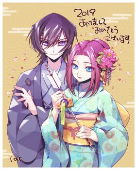 1boy 1girl 2019 arrow_(projectile) artist_name bare_shoulders black_hair blue_eyes blue_kimono closed_mouth code_geass commentary dated floral_background flower hair_between_eyes hair_flower hair_ornament happy_new_year holding holding_arrow japanese_clothes kimono kouzuki_kallen lac. lelouch_vi_britannia looking_at_object looking_at_viewer new_year open_mouth purple_eyes red_hair sidelocks smile tongue translation_request