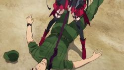 animated anime_screenshot army_uniform audible_speech biting english_audio gate_-_jieitai_ka_no_chi_nite_kaku_tatakaeri girl_on_top gothic_lolita itami_youji lelei_la_lalena licking_arm licking_blood licking_lips lolita_fashion military military_vehicle punch rory_mercury sound tongue tongue_out video yanagida_akira