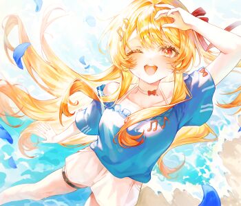 Rule 34 | 1girl, absurdres, arm up, beach, blonde hair, blue shirt, collarbone, commentary, falling petals, feet out of frame, floating hair, fortissimo, hair intakes, hair ornament, happy, highres, hololive, long hair, looking at viewer, musical note, musical note hair ornament, off-shoulder shirt, off shoulder, one eye closed, open mouth, otonose kanade, parted bangs, petals, red eyes, shirt, short shorts, short sleeves, shorts, smile, solo, someang, standing, thigh strap, white shorts