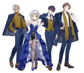 1girl 3boys :d adjusting_clothes adjusting_necktie ankle_strap artist_request bare_shoulders belt black_belt black_necktie black_shorts blonde_hair blue_choker blue_dress blue_eyes blue_jacket blue_pants blue_shoes blue_suit braid breasts brown_eyes brown_hair brown_shawl brown_shirt brown_shoes brown_vest chain choker closed_mouth collarbone collared_shirt curtained_hair dark_skin dress earrings flats formal_clothes gradient_hair green_eyes grey_hair grey_pantyhose group_picture hair_intakes hand_on_own_hip hand_up hands_in_pockets hands_on_own_chest high-waist_shorts ibrahim_(nijisanji) jacket jacket_on_shoulders jewelry kagami_hayato kenmochi_touya lapel_pin lapels layered_dress long_dress long_sleeves looking_at_viewer male_focus matching_outfits multicolored_eyes multicolored_hair multiple_boys necktie nijisanji off-shoulder_dress off_shoulder official_alternate_costume official_art open_clothes open_jacket open_mouth outstretched_arm oxfords pants pantyhose parted_lips pendant_choker print_pantyhose purple_hair saddle_shoes second-party_source see-through_skirt_layer shawl shioriha_ruri shirt shirt_tucked_in shoes short_hair short_sleeves shorts showgirl_skirt side_part simple_background small_breasts smile standing star_(symbol) star_ornament star_pendant star_print suit suit_jacket transparent_background two-tone_eyes updo vest virtual_youtuber waistcoat white_hair white_shirt yellow_eyes
