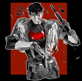 bat_signal batman_(series) batman_symbol black_bodysuit black_gloves black_hair blood blood_on_clothes blood_on_face bodysuit brown_jacket dc_comics gloves grey_bodysuit guoba7777 highres jacket jason_todd male_focus multicolored_bodysuit muscular muscular_male open_clothes pants red_hood_(dc) red_hood_and_the_outlaws short_hair superhero_costume taut_bodysuit two-tone_bodysuit