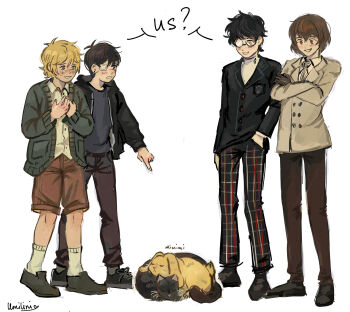 4boys akechi_gorou alternate_costume amamiya_ren antenna_hair basil_(faraway)_(omori) basil_(omori) black-framed_eyewear black_hair black_hoodie black_pants black_shirt black_shoes blonde_hair blue_eyes blush brown_eyes brown_gloves brown_hair brown_shorts cat collared_shirt crossed_arms earrings english_text eyepatch glasses gloves highres hood hoodie jewelry long_sleeves male_focus multiple_boys necktie omori open_mouth pants persona persona_5 plaid_clothes plaid_pants rabbit shared_speech_bubble shirt shoes short_hair shorts simple_background smile sneakers socks speech_bubble spoilers sunny_(omori) t-shirt umilini2 white_background white_shirt white_socks