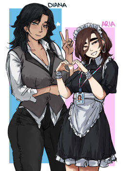 Rule 34 | 2girls, apron, aria (roresu), black hair, black pants, blue eyes, brown hair, character name, collared shirt, commentary, ear piercing, formal clothes, frilled apron, frills, grey vest, grin, heart, heart hands, highres, id card, lanyard, loose hair strand, maid, maid apron, maid headdress, mole, mole under eye, multiple girls, original, pants, partially unbuttoned, piercing, roresu, shirt, short sleeves, smile, suit, symbol-only commentary, thick eyebrows, tsurime, v, vest, waist apron, white apron, white shirt