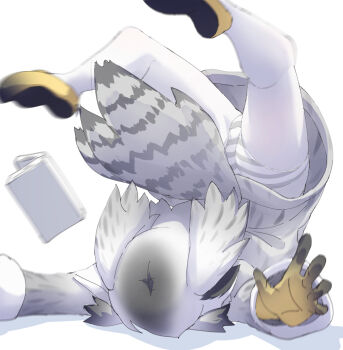 1girl accident bird_girl bird_tail book coat commentary_request faceplant falling from_side fur_trim gloves grey_coat grey_hair hair_wings kemono_friends lowlandgorilla motion_blur multicolored_hair northern_white-faced_owl_(kemono_friends) owl_girl panties pantyhose pantyshot shoes simple_background solo streaked_hair striped_clothes striped_panties tail underwear white_background white_pantyhose