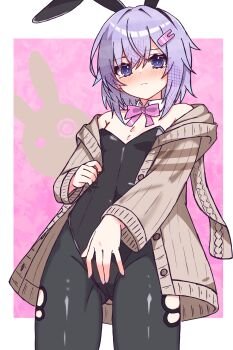 1girl absurdres animal_ears bare_shoulders black_leotard black_pantyhose blush bow bowtie closed_mouth cowboy_shot detached_collar fake_animal_ears flat_chest flustered gluteal_fold hair_ornament hairclip highres legwear_cutout leotard looking_at_viewer messy_hair noir_(noire6959) off_shoulder pantyhose pantyhose_cutout playboy_bunny purple_eyes purple_hair rabbit_ears short_hair short_hair_with_long_locks solo strapless strapless_leotard vocaloid yuzuki_yukari