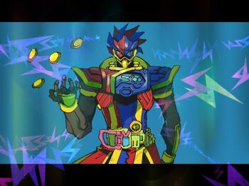 Rule 34 | 1boy, armor, belt, blue eyes, breastplate, clenched hands, commentary request, cowboy shot, gamer driver, helmet, heterochromia, highres, ichitaka (1015ichitaka), kamen rider, kamen rider ex-aid (series), kamen rider para-dx, looking at viewer, own hands together, pauldrons, pelvic curtain, perfect knockout gamer level 99, red eyes, rider gashat, shoulder armor, vest, waistcoat