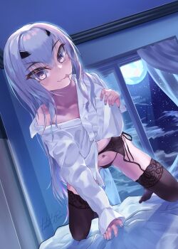1girl absurdres bare_shoulders bed black_panties black_thighhighs blush breasts commentary_request fate/grand_order fate_(series) forked_eyebrows full_moon garter_belt highres kneeling long_hair long_sleeves looking_at_viewer melusine_(fate) moon navel night off_shoulder panties shirt sidelocks small_breasts smile solo thighhighs thighs tongue tongue_out tutuuraura88 underwear white_hair white_shirt window yellow_eyes