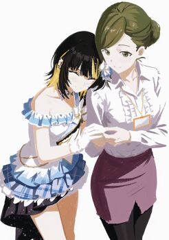 2girls beyond_the_bluesky_(idolmaster) black_hair blonde_streaks closed_eyes closed_mouth cobwvmeti cowboy_shot dress gloves green_eyes green_hair hair_bun highres idolmaster idolmaster_shiny_colors ikaruga_luca multicolored_hair multiple_girls nanakusa_hazuki pencil_skirt shirt short_hair side-by-side simple_background single_hair_bun skirt smile standing streaked_hair white_background white_dress white_gloves white_shirt