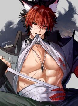 1boy abs animal_ear_fluff animal_ears bandaged_torso bandages black_gloves black_hair black_jacket blood blood_on_clothes blood_on_face clothes_in_mouth clothes_lift collar collarbone commentary dog_boy dog_ears dog_tail eyes_visible_through_hair fang fingerless_gloves gloves green_pants grey_background hair_between_eyes hair_over_one_eye highres jacket jewelry komano_manato looking_down male_focus min_(kmn_aria) mouth_hold multicolored_hair muscular muscular_male necklace nipples one_eye_closed pants pectorals pendant red_bandage red_eyes red_hair scar scar_across_eye scar_on_chest scar_on_face shirt shirt_in_mouth shirt_lift short_hair single_glove sitting solo spiked_jacket sweat tail twitter_username upper_body white_shirt zenless_zone_zero