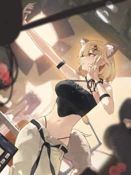 1girl absurdres animal_ear_fluff animal_ears arm_strap belt black_panties blurry bokeh breasts brown_eyes cellphone commentary_request covered_erect_nipples crop_top depth_of_field film_grain floodlights green_hair grey_pants hair_ornament hairclip highres holding holding_phone indoors korean_commentary looking_to_the_side mac_star medium_breasts medium_hair midriff original panties pants phone selfie smartphone solo string_panties tail taking_picture underwear v