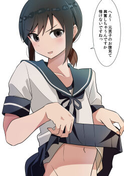 1girl absurdres black_eyes black_hair blue_neckerchief blue_sailor_collar blue_skirt breasts clothes_lift commentary_request fubuki_(kancolle) haida_katsuretsu highres kantai_collection low_ponytail medium_breasts navel neckerchief out-of-frame_censoring pleated_skirt ponytail sailor_collar sailor_shirt school_uniform serafuku shirt short_sleeves sidelocks simple_background skirt skirt_lift solo translation_request white_background white_shirt