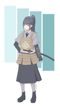 1girl absurdres amaya_tsubame armor belt black_boots black_hair black_skirt boots closed_mouth collared_shirt commentary_request dou full_body gakuen_idolmaster green_eyes grey_jacket grey_pantyhose hand_on_own_hip high_heel_boots high_heels high_ponytail highres idolmaster jacket japanese_armor katana koshu_(pixiv12085160) light_blush long_hair mole mole_under_eye pantyhose ponytail rope_belt sheath sheathed shirt skirt solo standing sword weapon white_belt