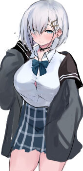 1girl alternate_costume black_choker blue_bow blue_bowtie blue_eyes blush bow bowtie breasts button_gap choker closed_mouth collared_shirt commentary_request flying_sweatdrops hair_between_eyes hair_ornament hair_over_one_eye hairclip hamakaze_(kancolle) highres jacket kantai_collection large_breasts looking_at_viewer off_shoulder plaid_clothes plaid_skirt shirt simple_background skirt sleeves_past_wrists solo tsuzuri_(itosousou) white_background white_shirt