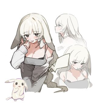 1girl blush bra breasts brown_eyes cleavage commentary_request dandandanholo dress floppy_ears gen_1_pokemon grey_dress lace lace_bra large_breasts long_hair long_sleeves looking_at_viewer looking_to_the_side mole mole_on_breast nintendo open_mouth peakychu personification pikachu pikachu_tail pokemon pokemon_pokopia pokemon_tail reference_sheet sleeves_past_fingers sleeves_past_wrists solo tail underwear white_hair