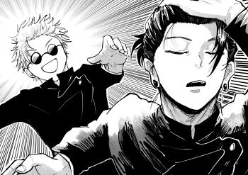 2boys absurdres closed_eyes commentary_request ear_piercing emphasis_lines getou_suguru gojou_satoru greyscale hand_on_own_head highres jujutsu_kaisen jujutsu_tech_uniform male_focus monochrome multiple_boys open_mouth piercing plug_(piercing) round_eyewear sabakan_gego scene_reference teeth upper_body