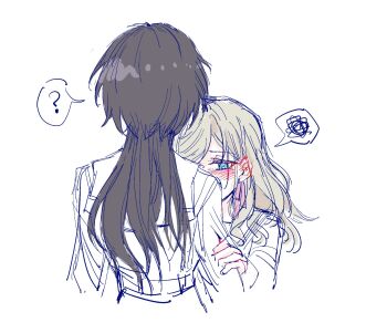 Rule 34 | 2girls, ?, black hair, blue eyes, blush, ceras yanagida lilienfeld, commentary, dress, ear blush, edel note, grey hair, hair ribbon, hand on another's arm, hasu no sora school uniform, highres, jellyfish cut, katsuragi izumi, link! like! love live!, long hair, long sleeves, looking at another, love live!, multiple girls, partially colored, pink ribbon, ribbon, sailor collar, sailor dress, school uniform, simple background, spoken question mark, spoken squiggle, squiggle, symbol-only commentary, virtual youtuber, white background, winter uniform, yrxy settingsun, yuri