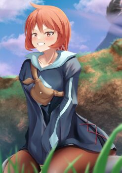 1girl absurdres arezu_(pokemon) arms_in_front black_leggings blue_hoodie blush grass highres hood hood_down hoodie leggings nintendo on_ground pokemon pokemon_legends:_arceus red_eyes red_hair sitting smile solo teeth thighs tyamiy1017