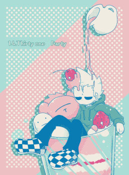 1boy :| asdfmovie cameo checkered_shoes cherry closed_mouth commentary_request creator_connection cup drawstring eddsworld english_text food fruit halftone highres hollow_eyes hood hood_down hoodie jitome limited_palette long_sleeves male_focus pants parfait partial_commentary pastel_colors polka_dot polka_dot_background pouring reon_(02779) shoes short_hair solo spiked_hair strawberry striped_background stuffed_animal stuffed_toy teddy_bear tom_(eddsworld) tomee_bear_(eddsworld) voice_actor_connection