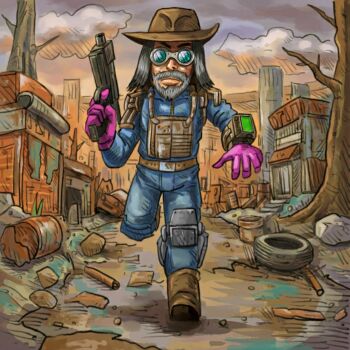 1boy beard boots cloud facial_hair facing_viewer fallout fallout_4 fedora full_body gloves goggles gun handgun hat holding holding_weapon imamura_takaya male_focus mustache outdoors pistol running self-portrait solo tree unused_tire weapon