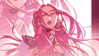 1girl commentary_request earrings eyeshadow floating_hair halterneck highres jewelry korean_commentary kpop_demon_hunters long_eyelashes looking_at_viewer makeup mira_(kpop_demon_hunters) mirae_c multiple_views pink_eyes pink_eyeshadow pink_hair pink_theme sidelocks