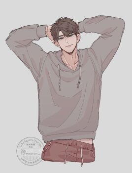 Rule 34 | 1boy, arms behind head, arms up, bright pupils, brown eyes, brown hair, caleb (love and deepspace), closed mouth, commentary request, drawstring, grey background, grey hoodie, highres, hood, hoodie, long sleeves, looking at viewer, love and deepspace, male focus, moko (mocomaru), short hair, simple background, smile, solo, watermark, white pupils