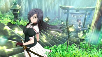 Rule 34 | 2girls, black hair, black shirt, blurry, breasts, brown eyes, closed mouth, day, depth of field, etou minato, eyes visible through hair, floating hair, forest, game cg, gloves, hair over one eye, holding, lantern, long hair, looking at viewer, medium breasts, multiple girls, nature, non-web source, official art, origami yukari, outdoors, partially fingerless gloves, pleated skirt, renpu girls school uniform (old design), school uniform, shirt, short sleeves, skirt, solo focus, stairs, standing, sword, toji no miko, toji no miko: kizamishi issen no tomoshibi, torii, tree, v-shaped eyebrows, weapon, white skirt, wooden sword