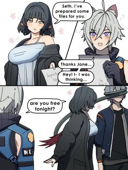 1girl 2boys absurdres animal_ears bell black_hair breasts cat_ears commentary covering_another's_eyes dorahdew english_commentary grey_hair highres jane_doe_(zenless_zone_zero) jingle_bell large_breasts mouse_ears mouse_girl multiple_boys police police_uniform policeman seth_lowell simple_background tail tail_grab white_background wise_(zenless_zone_zero) zenless_zone_zero