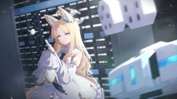 1girl animal_ear_fluff animal_ears bird black_necktie blue_archive capelet detached_sleeves dress fox_ears fox_girl gold_trim gun halo highres holding holding_gun holding_weapon long_hair necktie phesca pink_eyes robot seia_(blue_archive) sleeveless sleeveless_dress sleeves_past_fingers sleeves_past_wrists solo very_long_hair weapon white_capelet white_dress yellow_halo