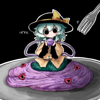 1girl black_background black_eyes black_hat blush bow closed_mouth collared_shirt commentary_request dot_mouth eyeball floral_print floral_print_skirt food fork frilled_sleeves frills green_hair green_skirt hat hat_bow heripantomorrow holding holding_eyeball komeiji_koishi long_hair mini_person minigirl on_food outline pasta plate print_skirt rose_print shirt sitting sitting_on_food skirt solo spaghetti third_eye touhou translation_request wariza white_outline yellow_bow yellow_shirt