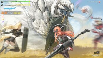 allen.n animal_ears arknights attack bagpipe_(arknights) battle black_dress black_gloves black_horns black_thighhighs blonde_hair blurry boss_fight commentary_request crossover day dress facing_away gameplay_mechanics gloves gunlance health_bar highres holding holding_shield holding_weapon horn_(arknights) horns jumping kirin_r_yato_(arknights) long_hair long_sleeves miniskirt monster monster_hunter_(series) motion_blur noir_corne_(arknights) orange_hair outdoors partially_translated pleated_skirt rathalos_s_noir_corne_(arknights) red_skirt running shield skirt squatting tail teeth thighhighs translation_request user_interface weapon yato_(arknights) yellow_tail