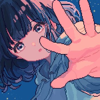 1girl blue_hair blunt_bangs commentary_request grey_eyes highres hood hoodie long_sleeves looking_at_viewer medium_hair night open_hand original parted_lips pixel_art shusi_(6muuu3) sky solo square star_(sky) upper_body