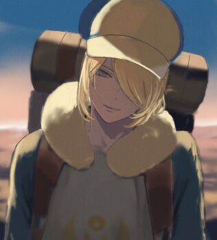 1boy bedroll blonde_hair blue_eyes blurry blurry_background newsboy_cap closed_mouth cloud commentary depth_of_field dot_nose english_commentary film_grain fur_trim ginkgo_guild_uniform hair_over_one_eye hat long_sleeves male_focus nintendo one_eye_covered pokemon pokemon_legends:_arceus ringosan2329 sky smile solo upper_body volo_(pokemon) white_fur