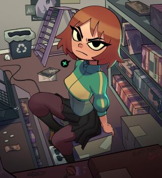 1girl absurdres angry arm_support arms_behind_back arrow_(symbol) banknote black_eyes black_skirt black_socks bob_cut box breasts candy cardboard_box cash_register character_name closed_mouth coin commentary copyright_name counter crumpled_paper english_commentary eyelashes fattcactus food from_above from_side frown green_jacket green_shoes heart highres jacket kim_pine kneehighs ladder lollipop looking_at_viewer looking_to_the_side looking_up medium_breasts messy_room money multicolored_jacket multicolored_shoes on_box pantyhose paperclip pleated_skirt poster_(object) purple_pantyhose recycling_symbol red_hair scott_pilgrim_(series) shelf shoes shop single_horizontal_stripe single_vertical_stripe sitting sitting_on_box skirt sneakers socks solo speech_bubble spoken_x stepladder track_jacket trash_can two-tone_jacket two-tone_shoes v-shaped_eyebrows working yellow_jacket yellow_shoes