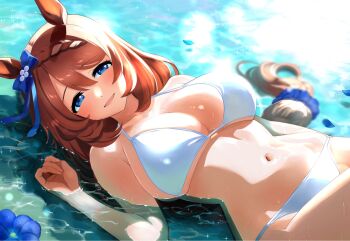 1girl :d animal_ears bikini blue_bow blue_eyes bow braid breasts brown_hair commentary ear_bow flower hair_between_eyes hair_ornament hair_scrunchie highres horse_ears horse_girl large_breasts long_hair looking_at_viewer low-tied_long_hair lying multicolored_hair narumi_yuzurai navel on_back open_mouth partially_submerged petals scrunchie smile solo stomach super_creek_(umamusume) swimsuit two-tone_hair umamusume very_long_hair water white_bikini white_hair