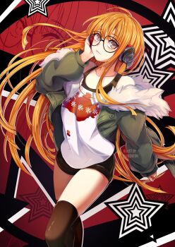 Rule 34 | 1girl, ahoge, artist name, black shorts, black tank top, black thighhighs, breasts, brown eyes, cowboy shot, feet out of frame, fleesveon, fur-trimmed jacket, fur trim, glasses, grey jacket, hair between eyes, hand on headphones, headphones, highres, jacket, light smile, long hair, medium breasts, off-shoulder shirt, off shoulder, orange hair, parted lips, persona, persona 5, print shirt, sakura futaba, shirt, shirt under shirt, shorts, solo, straight hair, tank top, thighhighs, white shirt