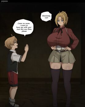 1boy 1girl age_difference blonde_hair blue_eyes breasts brown_hair english_text huge_breasts incest long_hair mother_and_child mushoku_tensei open_mouth parent_and_child ponytail pzpana rudeus_greyrat serious short_hair shota size_difference speech_bubble zenith_greyrat