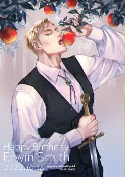 1boy absurdres apple black_vest blonde_hair blue_eyes bolo_tie character_name collared_shirt commentary_request dated erwin_smith food fruit half-closed_eyes highres holding holding_food holding_fruit holding_sword holding_weapon looking_at_viewer male_focus mskei open_mouth shingeki_no_kyojin shirt short_hair solo swept_bangs sword twitter_username vest waistcoat weapon white_shirt
