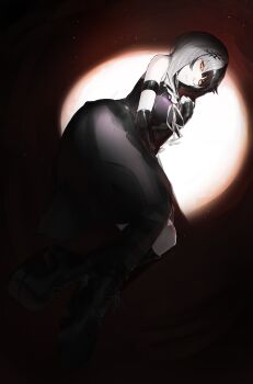 1girl absurdres arm_strap black_arm_warmers black_boots black_dress black_hair black_thighhighs boots breasts closed_mouth dress grey_hair highres hololive hololive_english kurochanai large_breasts long_hair lying multicolored_hair on_side ribbon shiori_novella shiori_novella_(1st_costume) single_thighhigh solo split-color_hair spotlight striped_arm_warmers thighhighs two-tone_hair virtual_youtuber white_ribbon yellow_eyes
